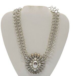 Silver Chain Statement Necklace Faux Pearl Like Teardrop Accents Erica Lyons
